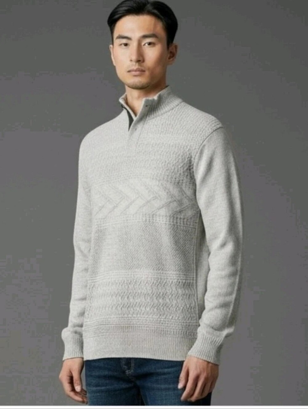 Chaps Men's Mock-Neck 100% Cotton Textured Sweater - Light Gray L